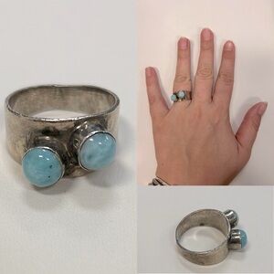 Extraordinary 925 sterling oversized asymmetrical Larimar studded ring, size 7